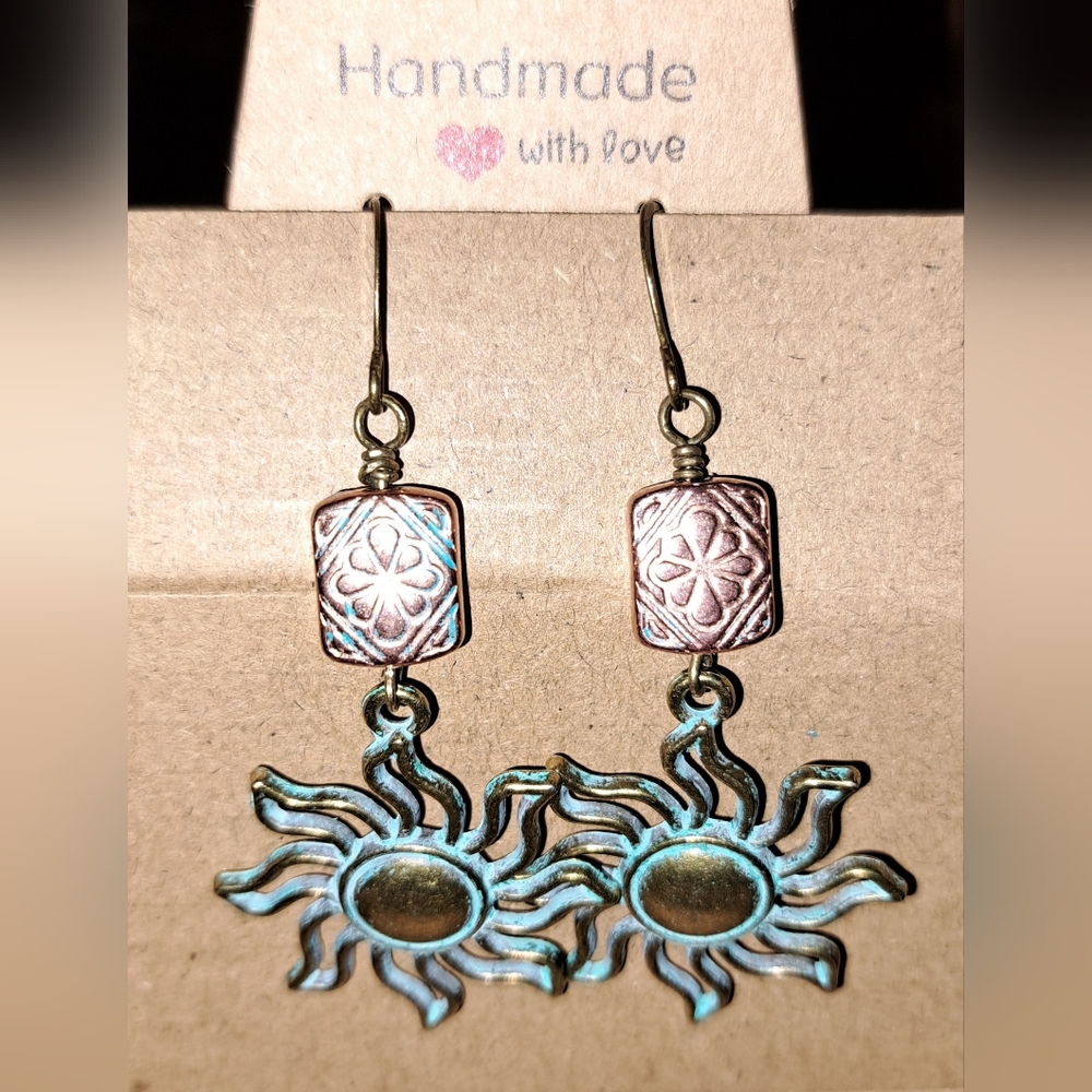 Handmade Boho Green Patina Bronze Sun Dangle Earrings